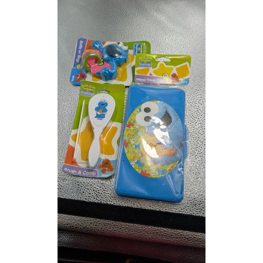 Sesame Street Beginnings Cookie Monster Baby Bundle Wipes Case Brush Rattle Set